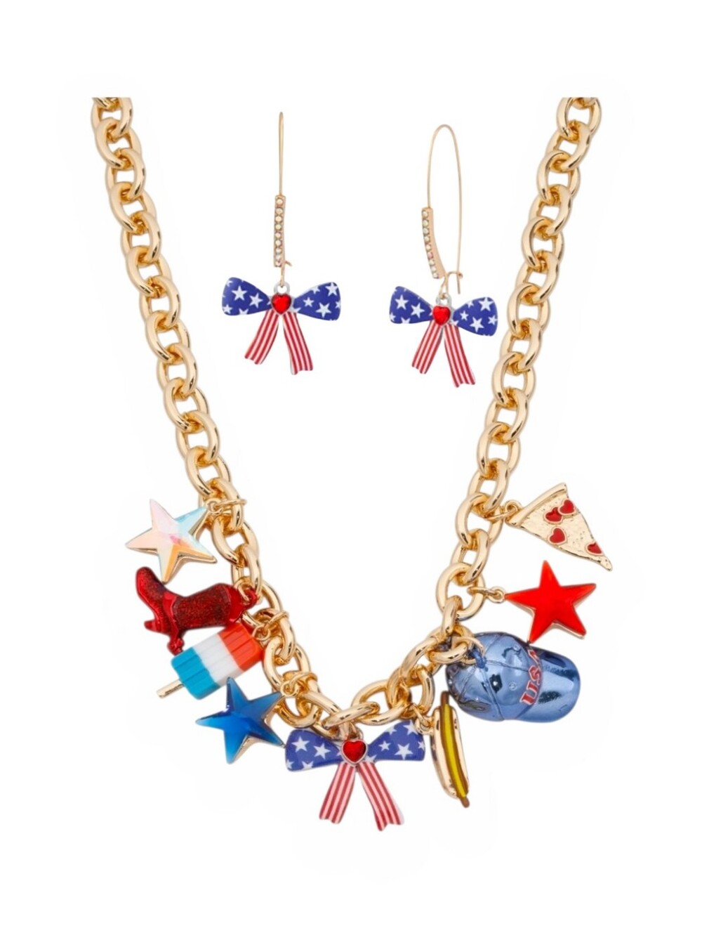 🇺🇸▪️Betsey Johnson ▪️Gold Patriotic Americana Charm Necklace And Earring Set